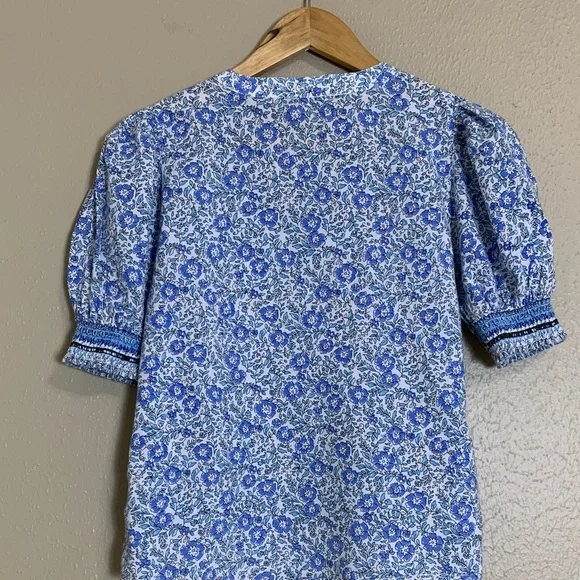 Anthropologie Saison de la Fleur Women’s Blue Floral Organic Cotton Top Chic S - Picture 7 of 11